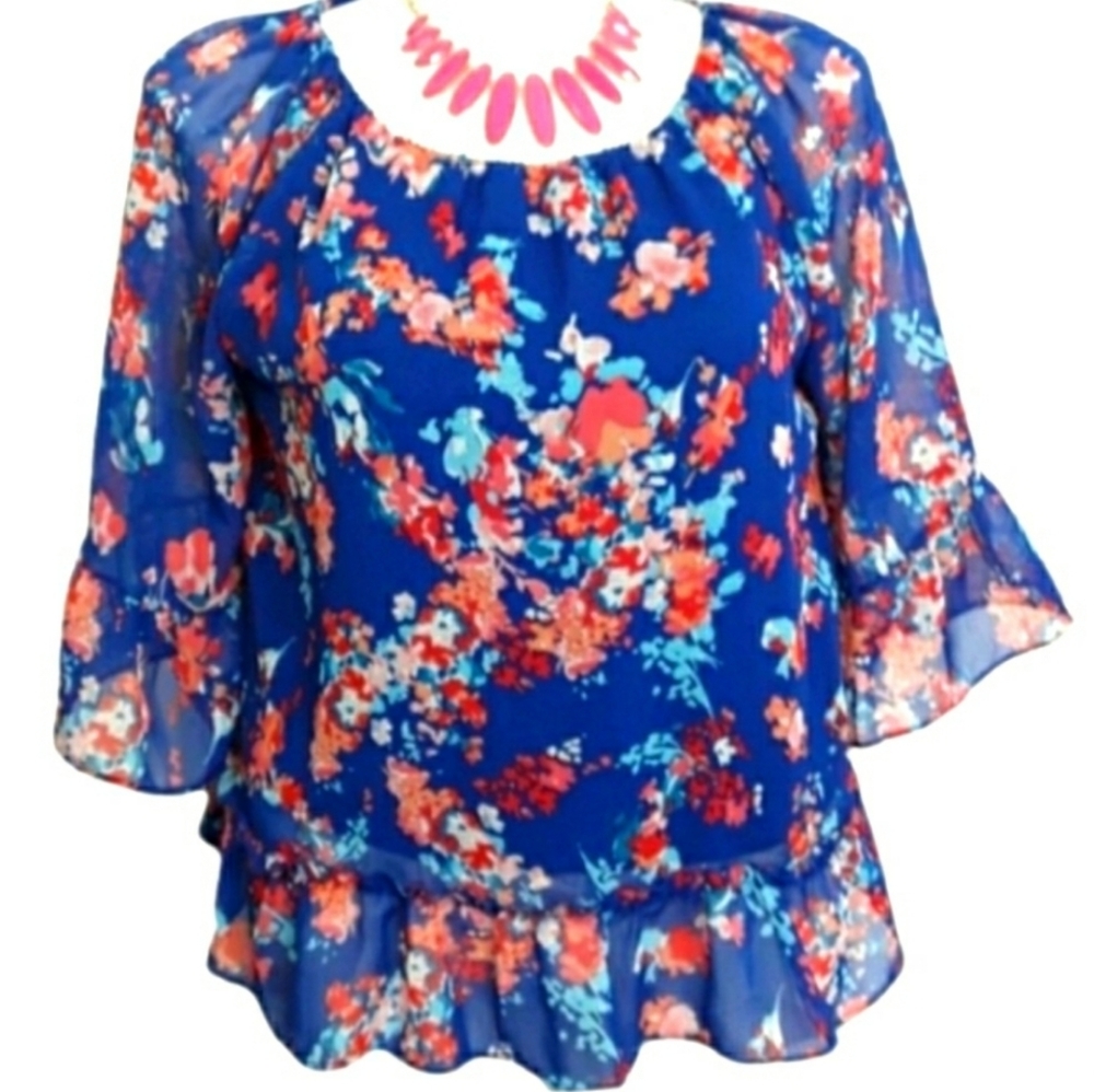 Massini Blue Off The Shoulder Floral Blouse EUC sz XL